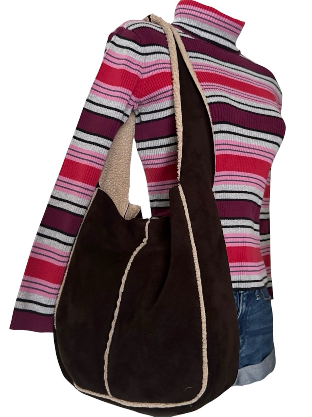 Vintage Y2K Old Navy Brown Faux Suede Sherpa Shoulder Bag Hobo Tote 2002
